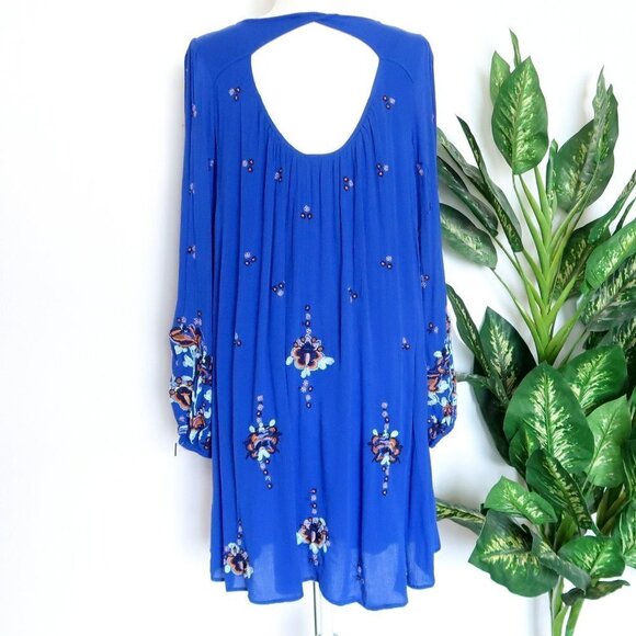 Free People Oxford Embroidered Blue Long Sleeve Cutout Back Mini Shift Dress M - Picture 7 of 16